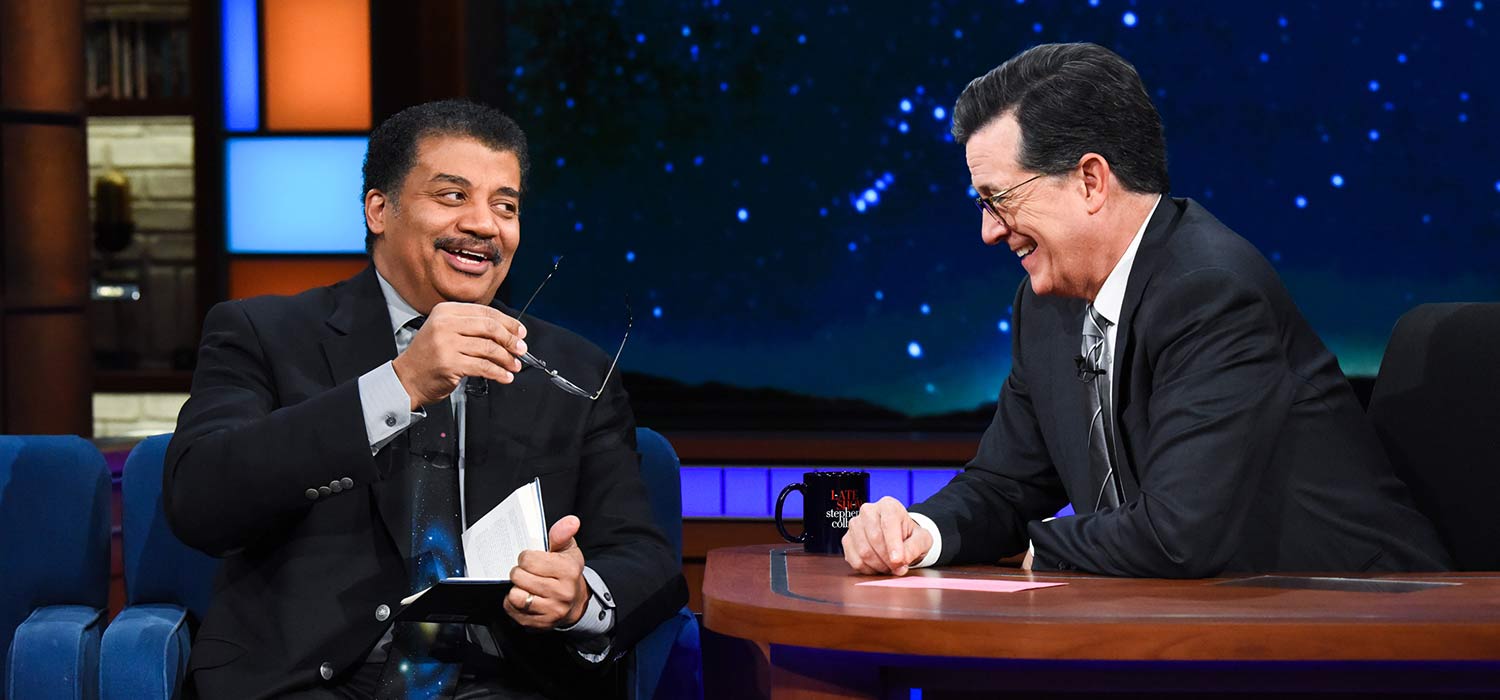 Neil deGrasse Tyson talking with Stephen Colbert on the Late Show.