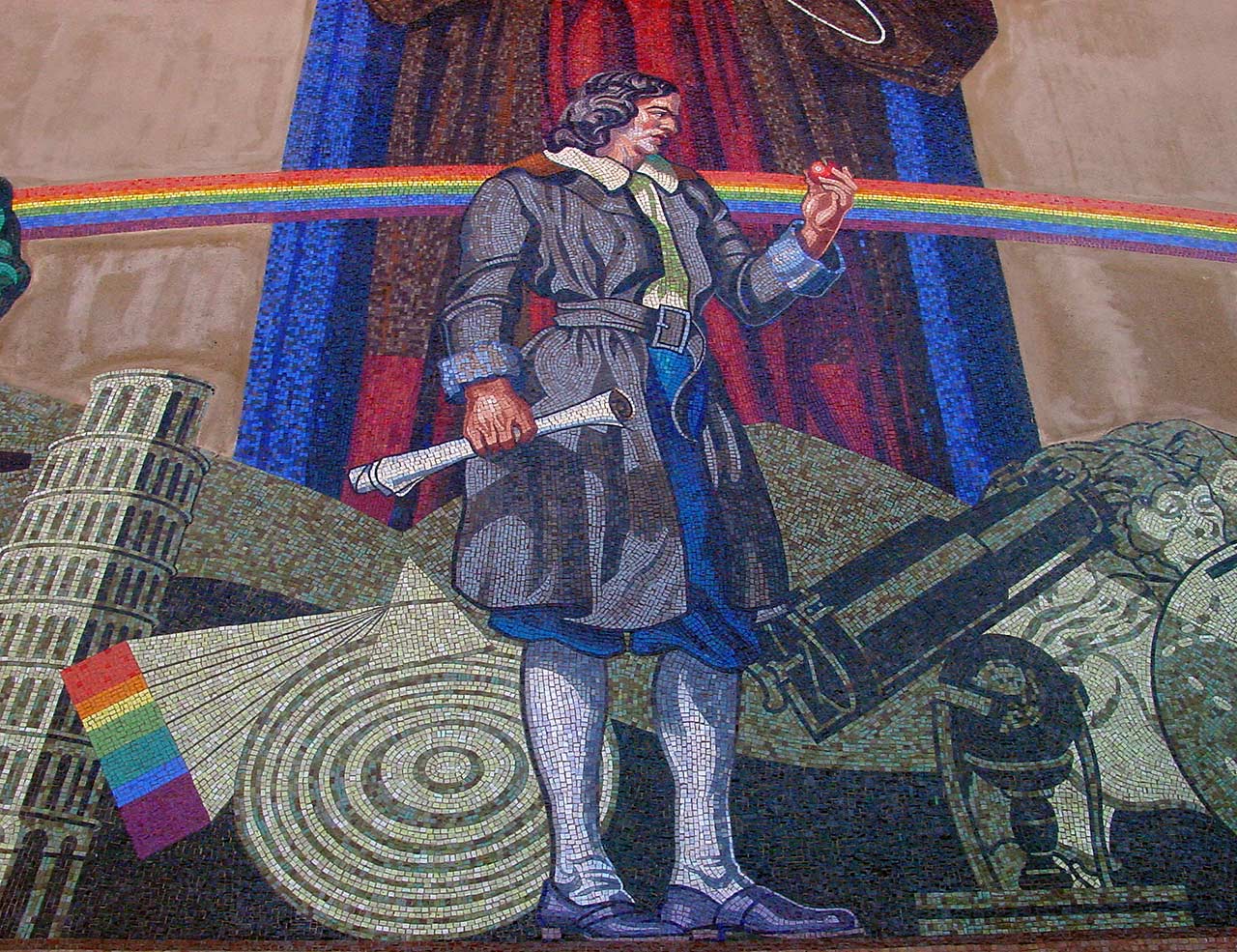 Isaac Newton holds an apple alongside a depiction of the splitting of light into its constituent of colored light.