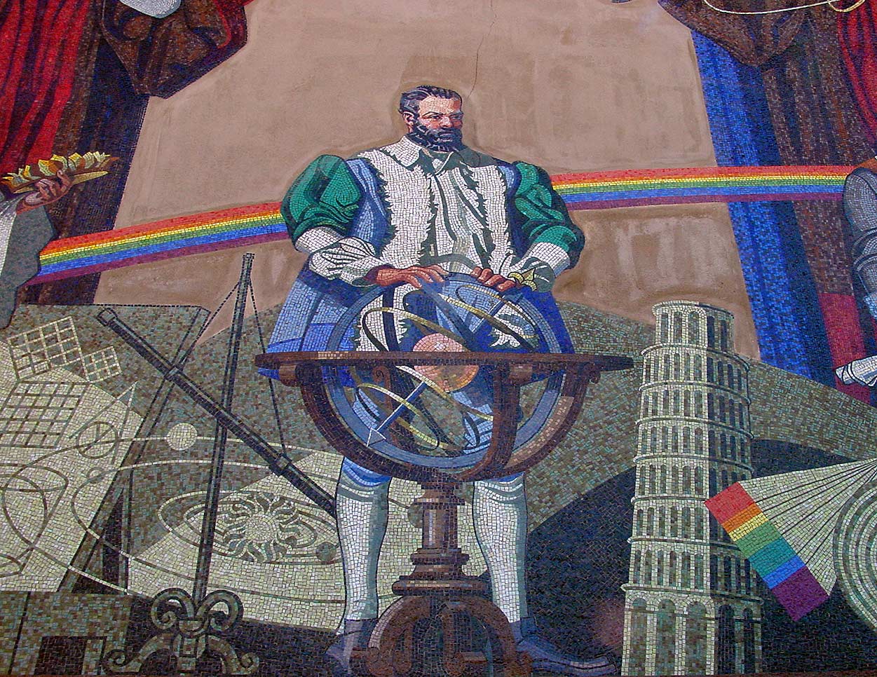Galileo and an armillary sphere, with a planetry system and the leaning tower of Pisa.
