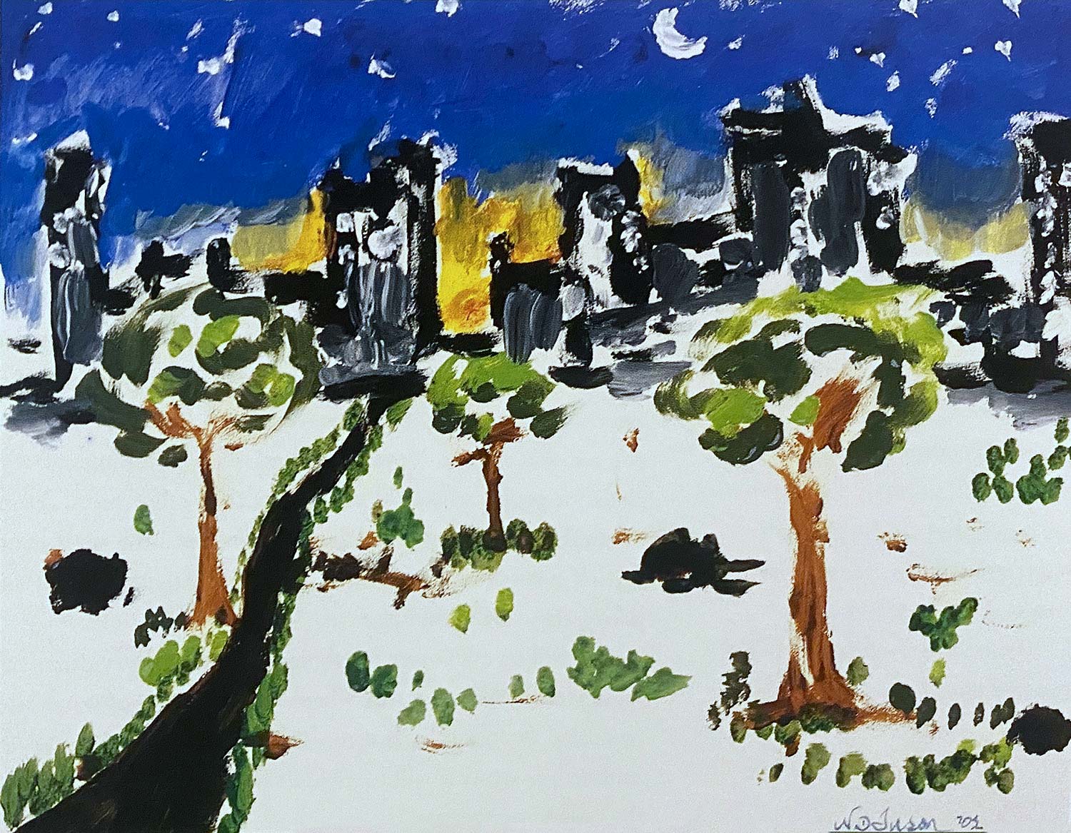 Impressionist-style painting of trees of Central Park and the city skyline under the starry night sky.