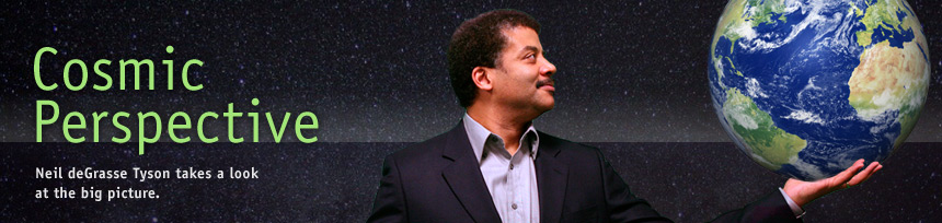 Cosmic Perspective: Neil deGrasse Tyson takes a look at the big picture. Pictured is Neil holding the planet Earth in one hand while he gazes upon it.