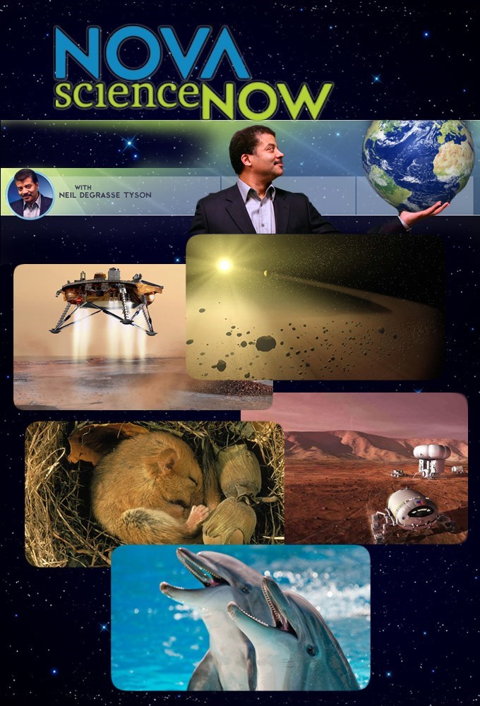 NOVA ScienceNOW art with a montage of images, inclusing a Mars lander, dolphins, rocky particles in a planet’s ring, and Neil deGrasse Tyson holding the planet Earth in his hand.