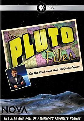 Cover art for NOVA: The Pluto Files. Above the surface of a generic, moon-like horizon, a retro-looking postcard with the title on it.
