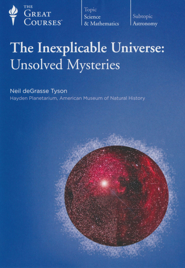Cover art for The Inexplicable Universe: Unsolved Mysteries the cover is blue with white titles, and an illustration of a red sphere with faint particles surrounding it.