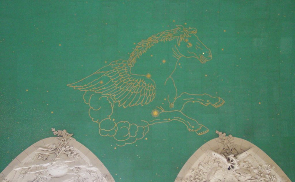Close up of Grand Central Terminal's vaulted ceiling whowinf the constellation Pegasus.
