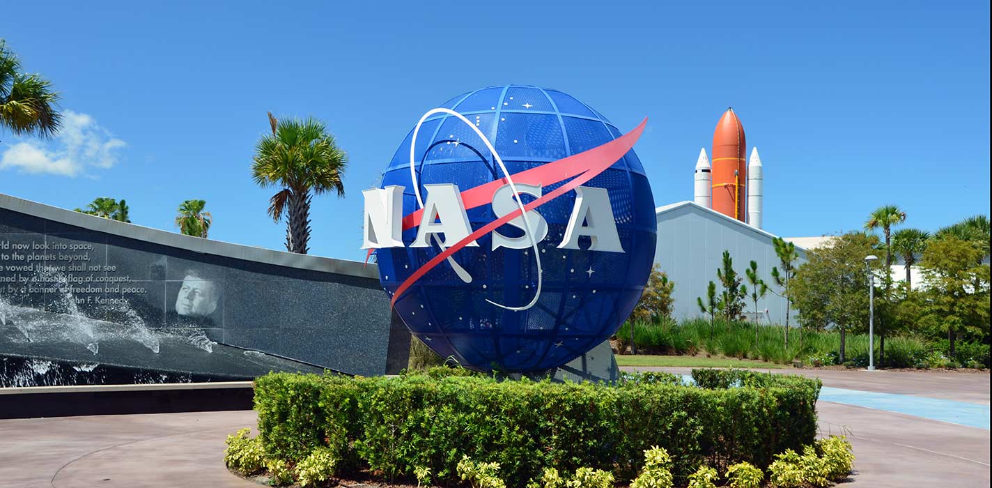 NASA logo in the shape of a globe at the Kennedy Space Center. Credit: Wikimedia Commons, Gzzz / CC BY-SA