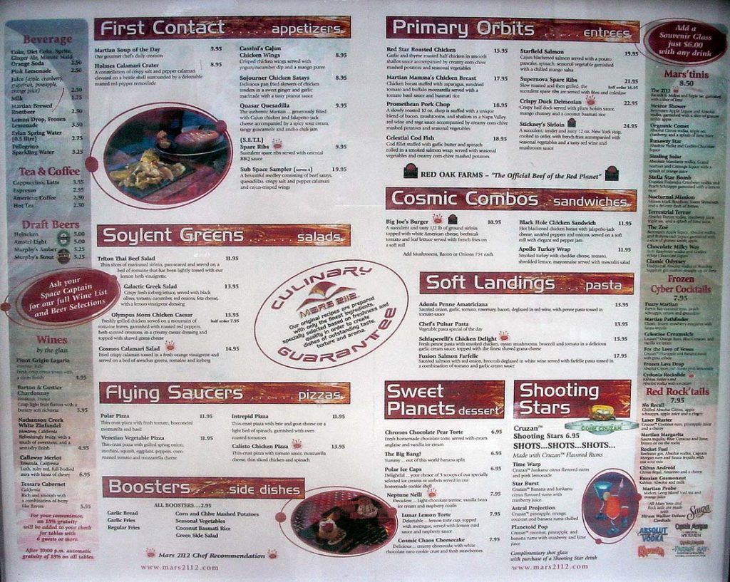 Menu for the Mars 2112 restaurant with Forst Contact appetizers, Flying Saucers pizzas, Primary Orbits entrees, and Cosmic Combos sandwiches.