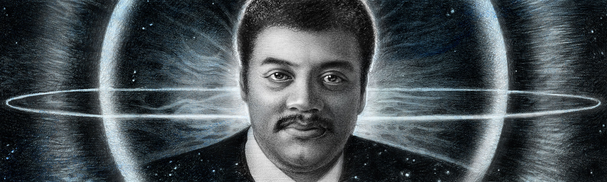 Neil deGrasse Tyson depicted in a monochromatic painting which shows his head with radial and ring formations behind him.